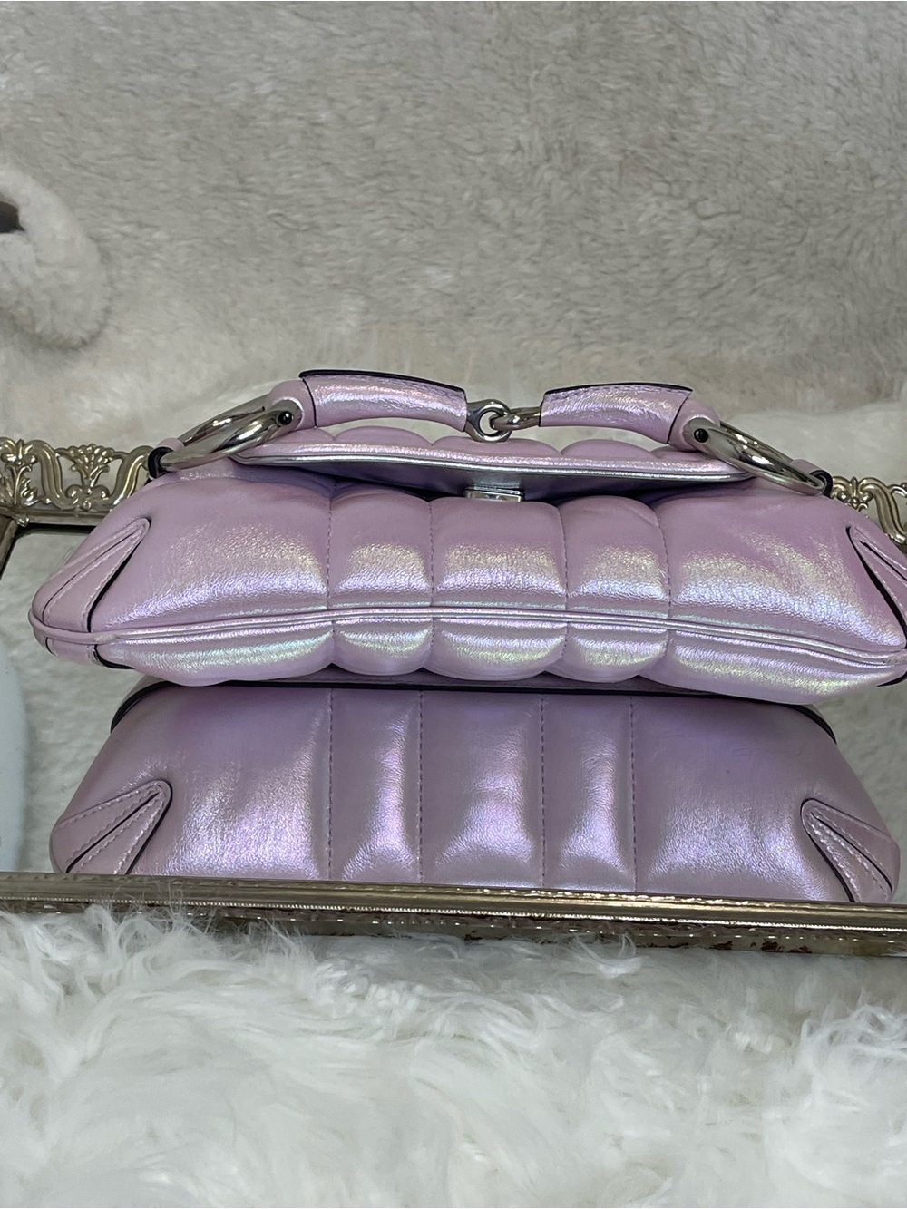 EUC Gucci Horsebit Chain Shoulder Bag Pink Iridescent Vertical Matelasse Quilted - Picture 7 of 16